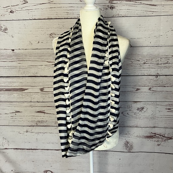 J Crew Silk Infinity Scarf Fringe Navy Blue White Fringe Nautical Lightweight - Picture 1 of 5